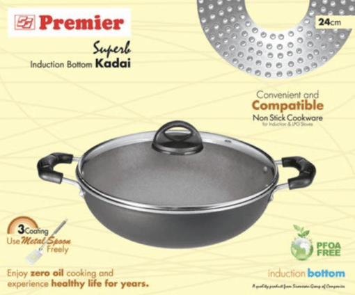 Premier Non Stick Superb Induction Base Non Stick Tawa (3 Coat) Deep Kadai with G.lid 24cm Code-059086 - Image 2